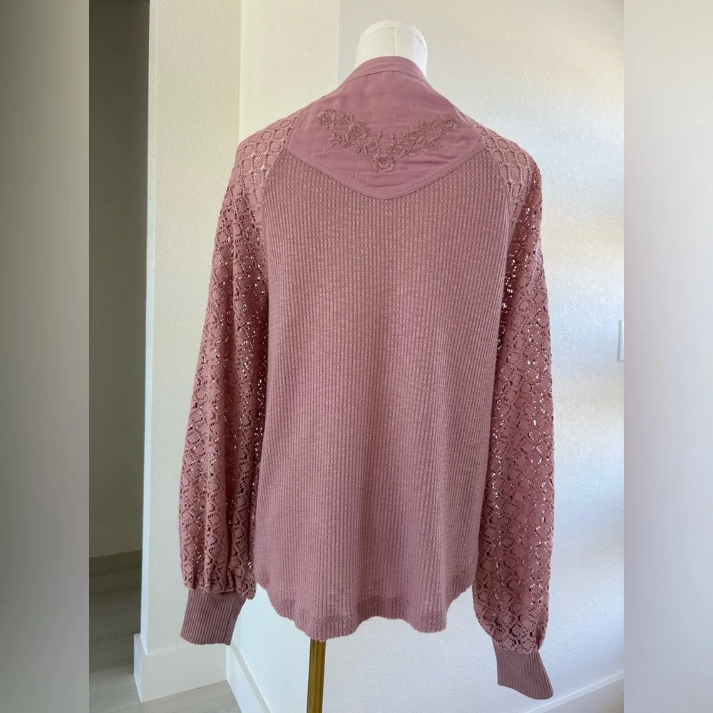 Free People Sweetest Thing Romantic Dusty Rose Lace Balloon Sleeve Top Womens XS